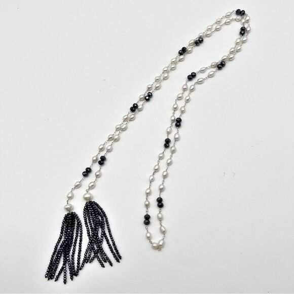 Hand Wrapped Freshwater Pearl & Blue Austrian Crystal Tassel Lariat Necklace 52” - Picture 2 of 6